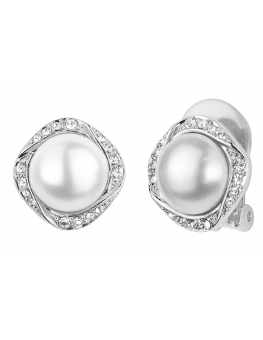 Traveller Clip earrings - Preciosa crystals - Pearls - White - Platinum plated - 114198