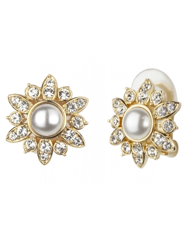 Traveller Clip earrings - Flower - Preciosa crystals - Pearls - White - Gold plated - 114201