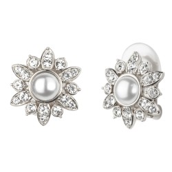 Traveller Clip Oorbellen - Zilverkleurig - Parels - 6 mm - Wit - Kristallen - Bloem - Geplatineerd - 16 mm - 114202