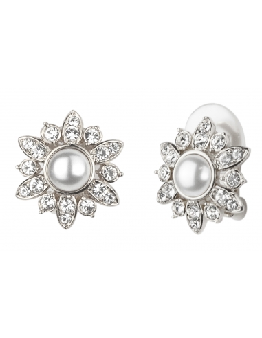 Traveller Clip earrings - Flower - Preciosa crystals - Pearls - White - Platinum plated - 114202