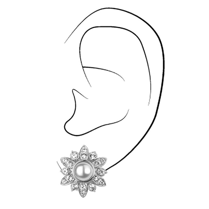 Traveller Clip Oorbellen - Zilverkleurig - Parels - 6 mm - Wit - Kristallen - Bloem - Geplatineerd - 16 mm - 114202