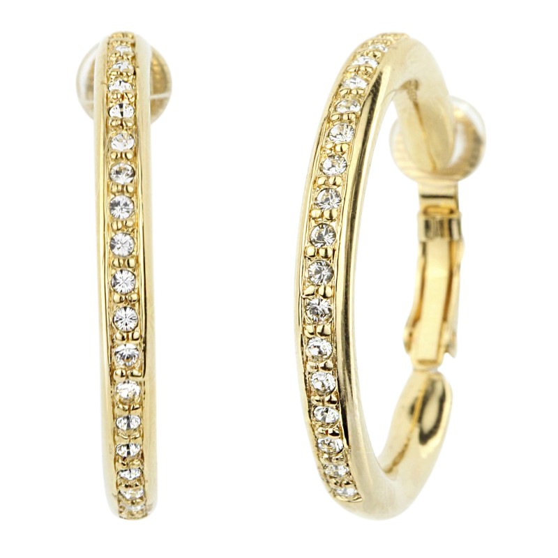 Traveller Clip-on Earrings - Hoops - Gold coloured - Preciosa Crystals - Gold plated - 33 mm