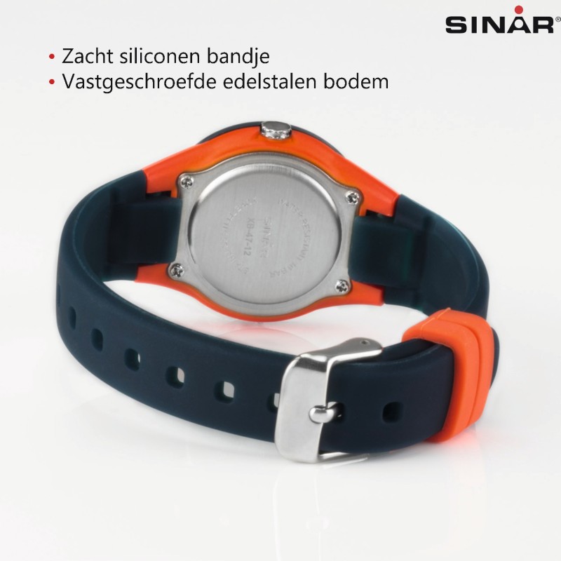 Sinar Horloge - Analoog - Donker Blauw / Oranje - 29mm - 10 Bar - Zacht Verstelbaar Bandje 12-17,5 cm - XB-47-12