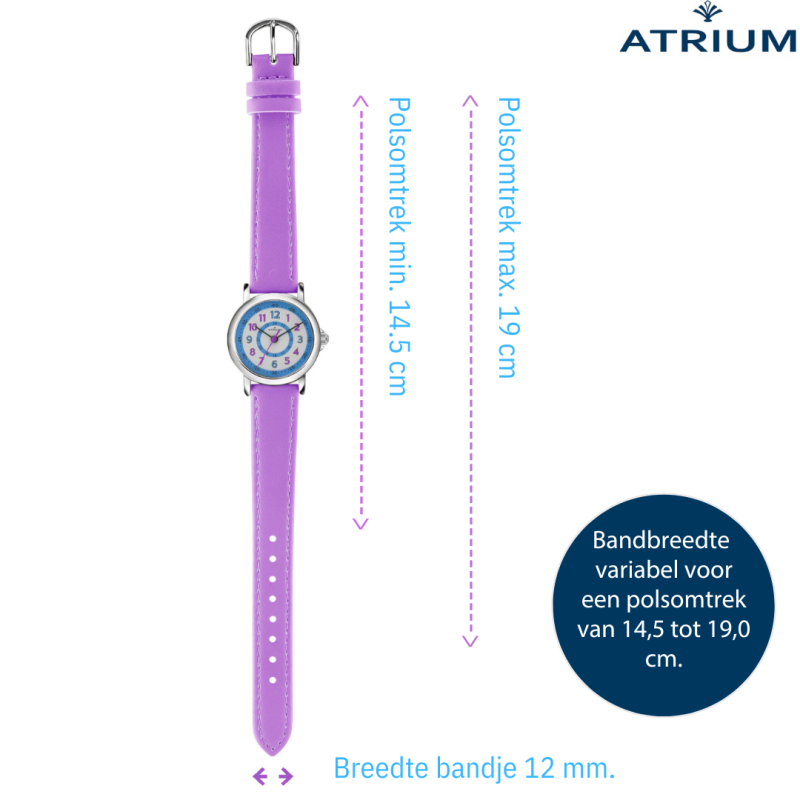 ATRIUM Kinderhorloge - Meisjes - Paars - Analoog - 5 Bar - Leercijferblad