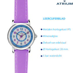 ATRIUM Kinderhorloge - Meisjes - Paars - Analoog - 5 Bar - Leercijferblad