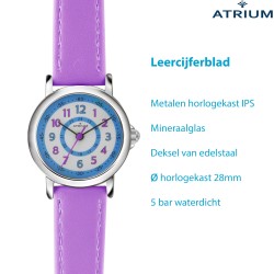 ATRIUM Kinderhorloge - Meisjes - Lila / Paars - Analoog - 5 Bar - Leercijferblad