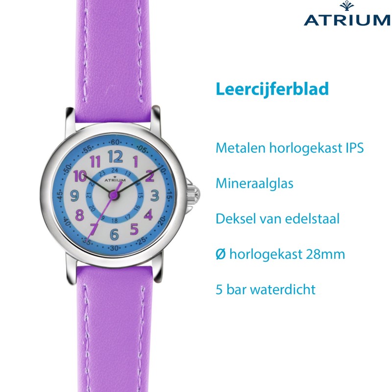 ATRIUM Kinderhorloge - Meisjes - Lila / Paars - Analoog - 5 Bar - Leercijferblad