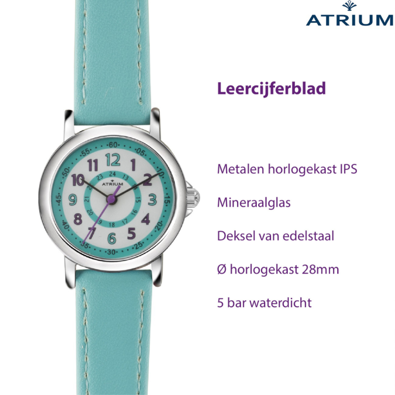 ATRIUM Kinderhorloge - Meisjes - Mint - Analoog - 5 Bar - Leercijferblad