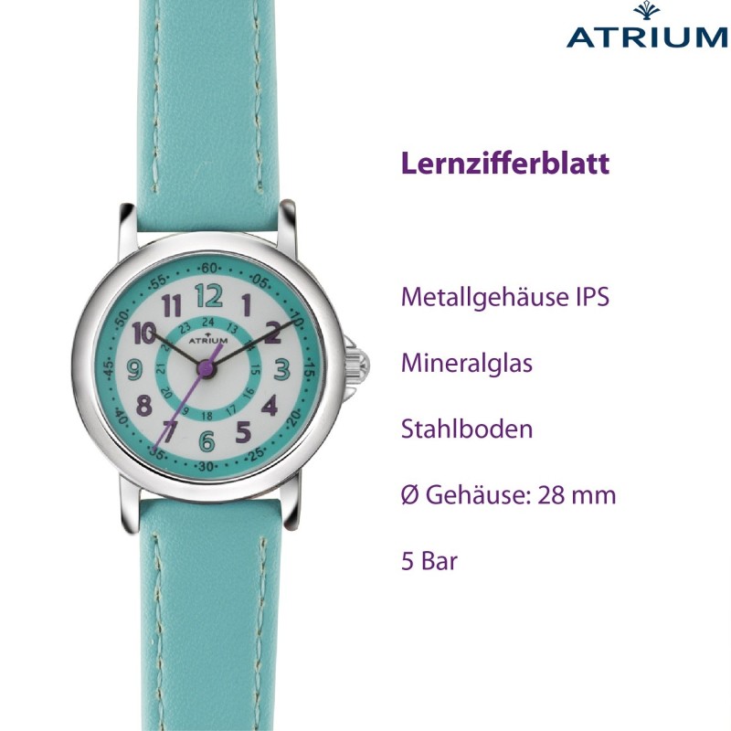 ATRIUM - Horloge Kind - Meisjes - Turquoise / Licht Blauw - 5 bar - Leercijferblad - Duidelijk - Verstelbaar Bandje - A31-106