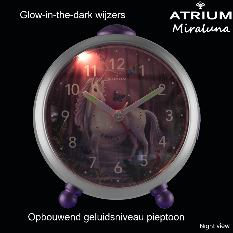 ATRIUM Unicorn Kinderwekker - Meisjes wekker paars/wit - Stil zonder tikgeluid - Snooze, licht en Alarm - A932-0
