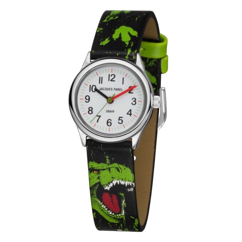 Jacques Farel Kinderhorloge - Dino - Groen & Zwart - Zilverkleurig - Analoog - 3 Bar - Verstelbaar 12,5-17 cm - HCC921