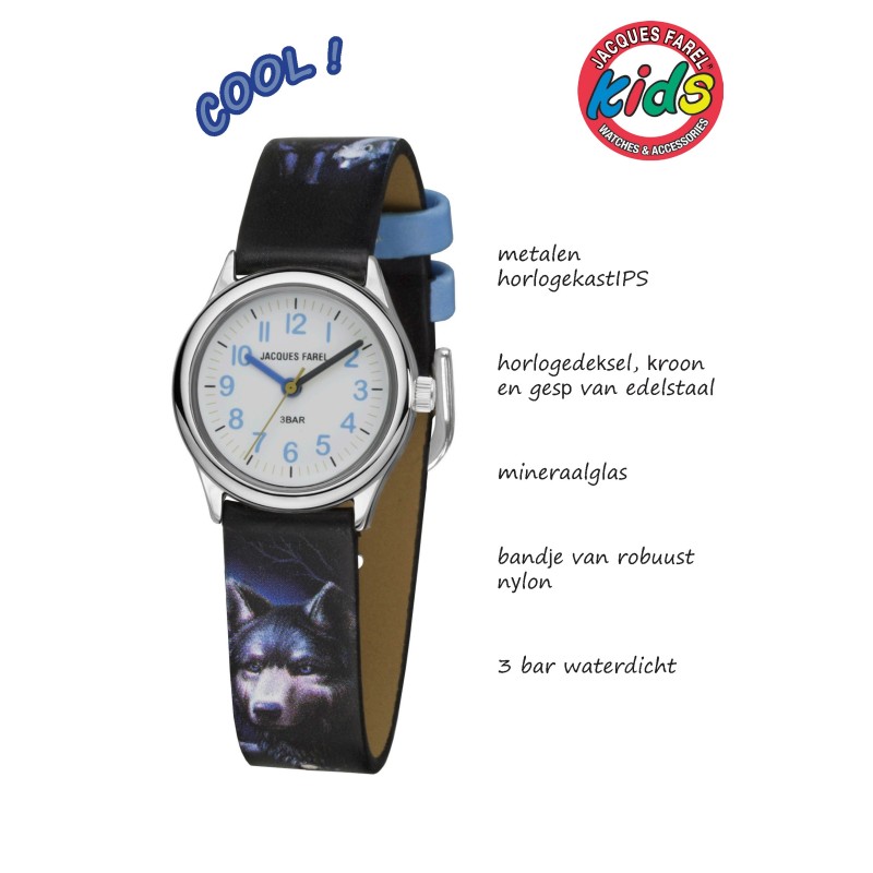 Jacques Farel Children's Watch - Wolf - Blue & Black - Silver - Analogue - 3 Bar - Adjustable Strap 12-17cm - HCC808