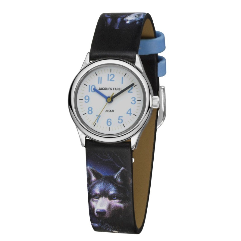 Jacques Farel Kinderhorloge - Wolf - Blauw & Zwart - Zilverkleurig - Analoog - 3Bar - Verstelbaar Bandje 12-17cm - HCC808