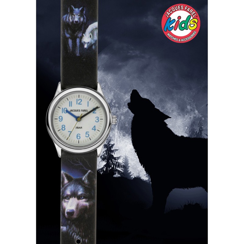 Jacques Farel Kinderuhr - Wolf - Blau & Schwarz - Silber - Analog - 3 Bar - Verstellbares Band 12-17cm - HCC808