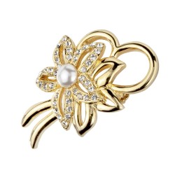 Traveller Brosche - Vergoldet - Perle - 6mm - Weiss - Kristalle - Blüme