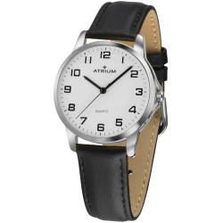 ATRIUM Horloge - Heren - Zilverkleurig - Zwart Leren Bandje (17,5-22,5cm) - Duidelijk Wit Wijzerblad - 37mm