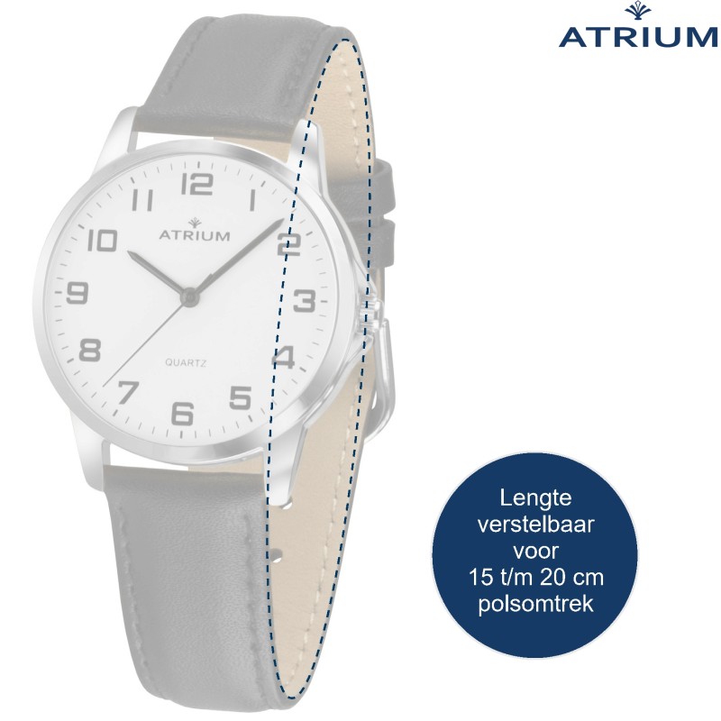 ATRIUM Horloge - Heren - Zilverkleurig - Zwart Leren Bandje (17,5-22,5cm) - Duidelijk Wit Wijzerblad - 37mm