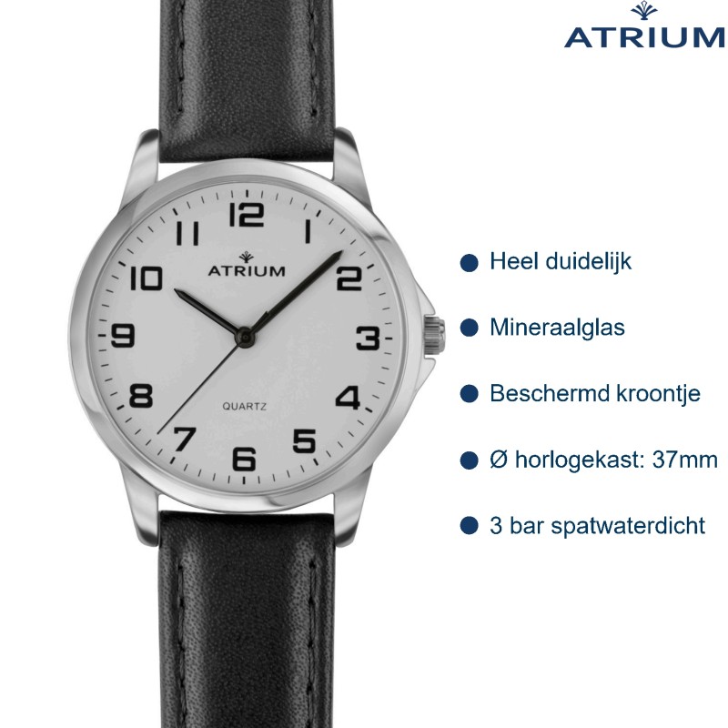 ATRIUM Horloge - Heren - Zilverkleurig - Zwart Leren Bandje (17,5-22,5cm) - Duidelijk Wit Wijzerblad - 37mm