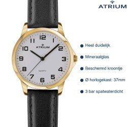 ATRIUM Watch - Men - Gold Coloured - Black Leather Strap ( 17.5-22.5cm) - Clear White Dial - 37mm