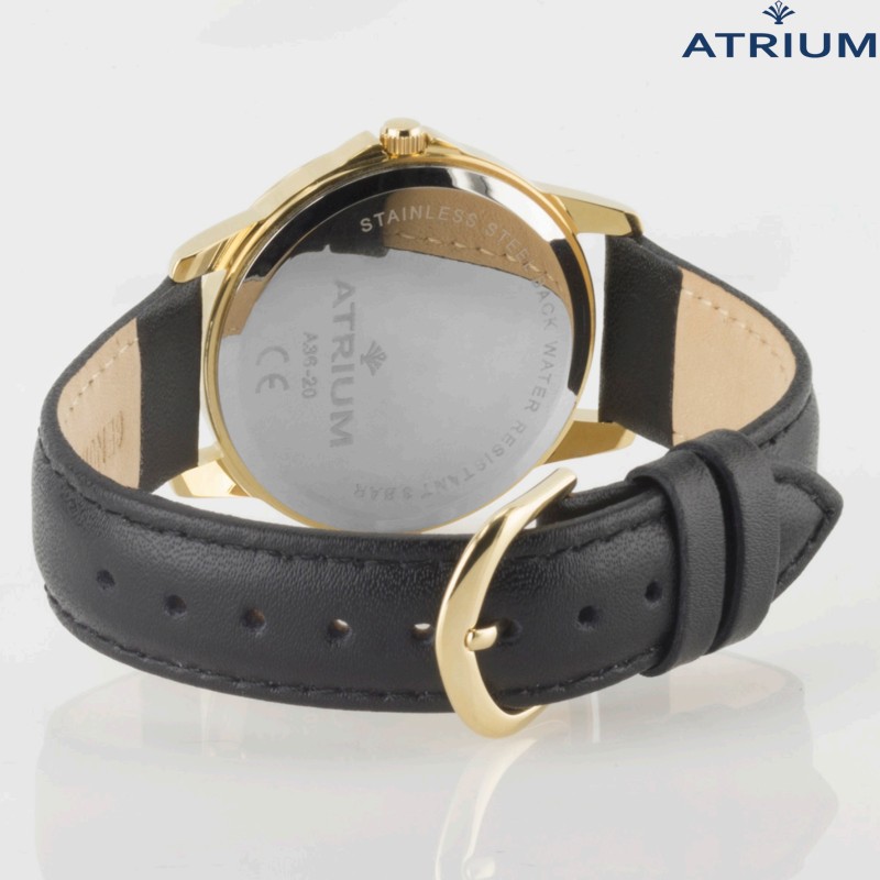 ATRIUM Watch - Men - Gold Coloured - Black Leather Strap ( 17.5-22.5cm) - Clear White Dial - 37mm