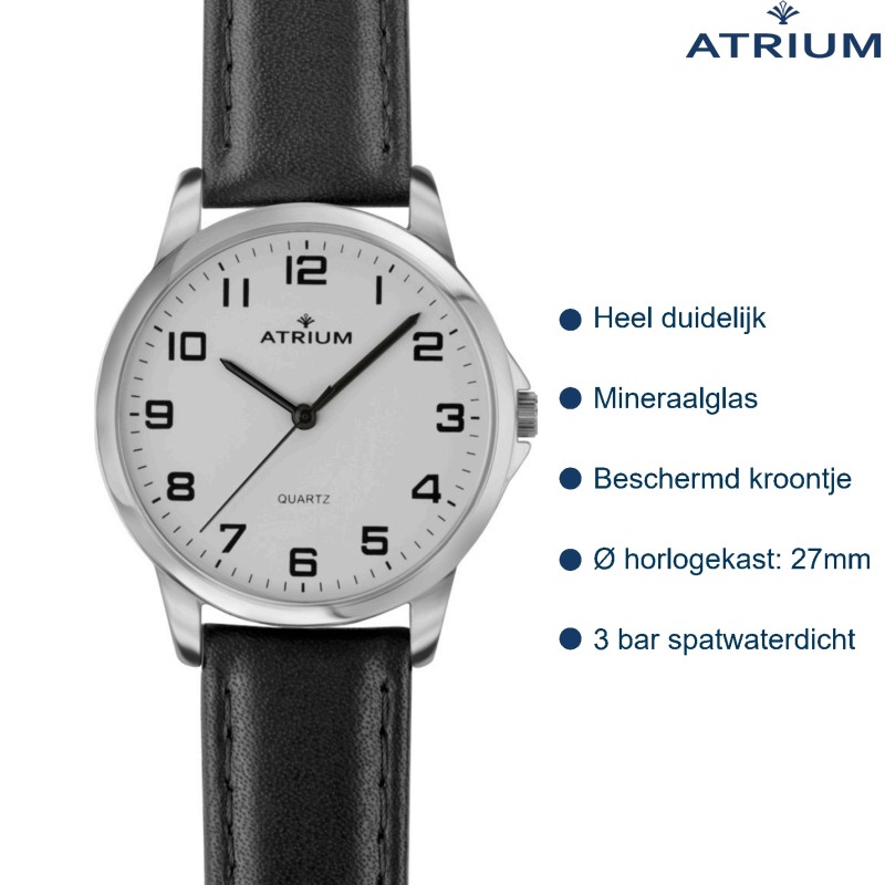 ATRIUM Horloge - Dames - Zilverkleurig - Analoog - Zwart Lederen Bandje - Duidelijk Wit Wijzerblad - 27 mm