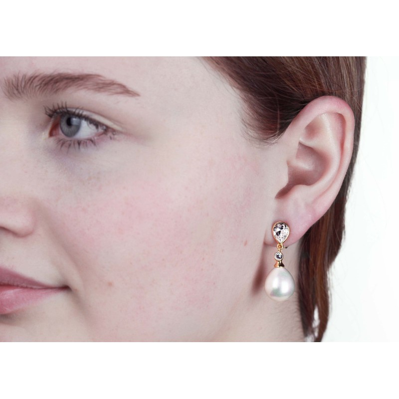Traveller Ohrclip - Hänger - Tropfen Perle - 15x12 mm - Weiß - Preciosa Kristalle - 22kt vergoldet - 32x12 mm