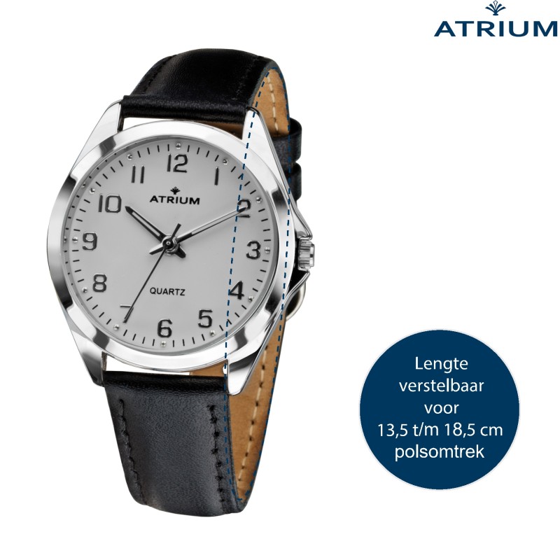 ATRIUM Horloge - Dames - Zilverkleurig - Analoog - Zwart Leren Bandje (13,5-18,5) - Witte Wijzerplaat - 27mm