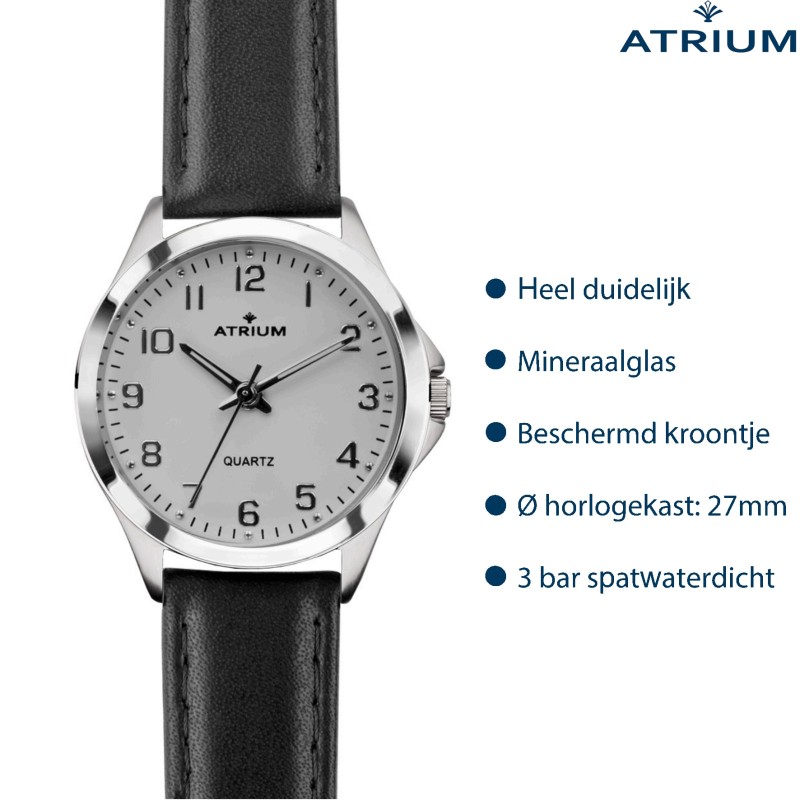 ATRIUM Horloge - Dames - Zilverkleurig - Analoog - Zwart Leren Bandje (13,5-18,5) - Witte Wijzerplaat - 27mm