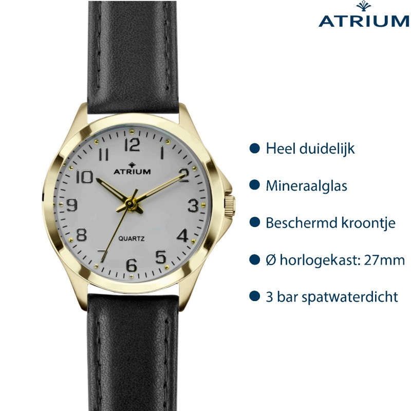 ATRIUM Horloge - Dames - Goudkleurig - Analoog - Zwart Leren Bandje (13,5-18,5) - Witte Wijzerplaat - 27mm