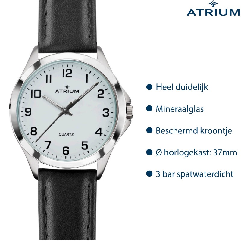 ATRIUM Watch - Men - Silver Coloured - Aanlogue - Black Leather Strap (17.5-22.5cm) - White Dial - 37mm