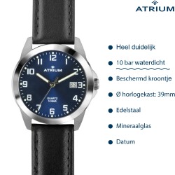 ATRIUM Watch - Men - Stainless Steel - 10 Bar - Analogue - Black Leather Strap - Blue Dial - Date