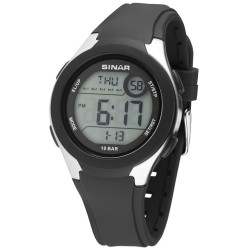 SINAR Digital Uhr - Schwarz - Verstellbares Band (14,5-21cm) - 10 Bar - 5 Alarmen - Viele Funktionen - 43 mm