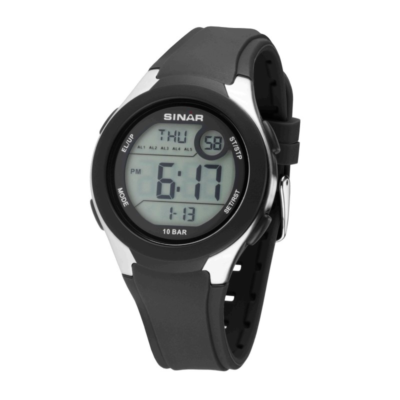 SINAR Digitaal Horloge - Zwart - Verstelbaar Bandje (14,5-21cm) - 10 Bar - 5 Alarmen - Vele Functies - 43 mm