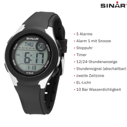SINAR Digital Watch - Black - Adjustable Strap (14,5-21cm) - 10 Bar - 5 Alarms - Many Functions - 43 mm