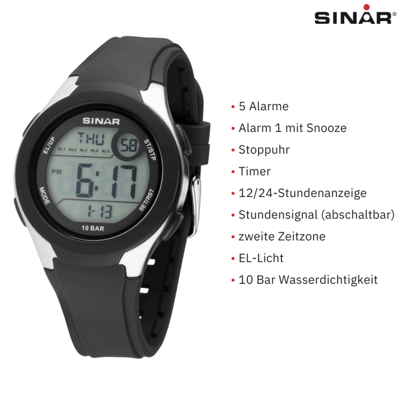 SINAR Digital Uhr - Schwarz - Verstellbares Band (14,5-21cm) - 10 Bar - 5 Alarmen - Viele Funktionen - 43 mm