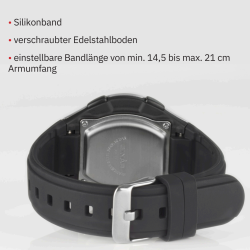 SINAR Digital Uhr - Schwarz - Verstellbares Band (14,5-21cm) - 10 Bar - 5 Alarmen - Viele Funktionen - 43 mm