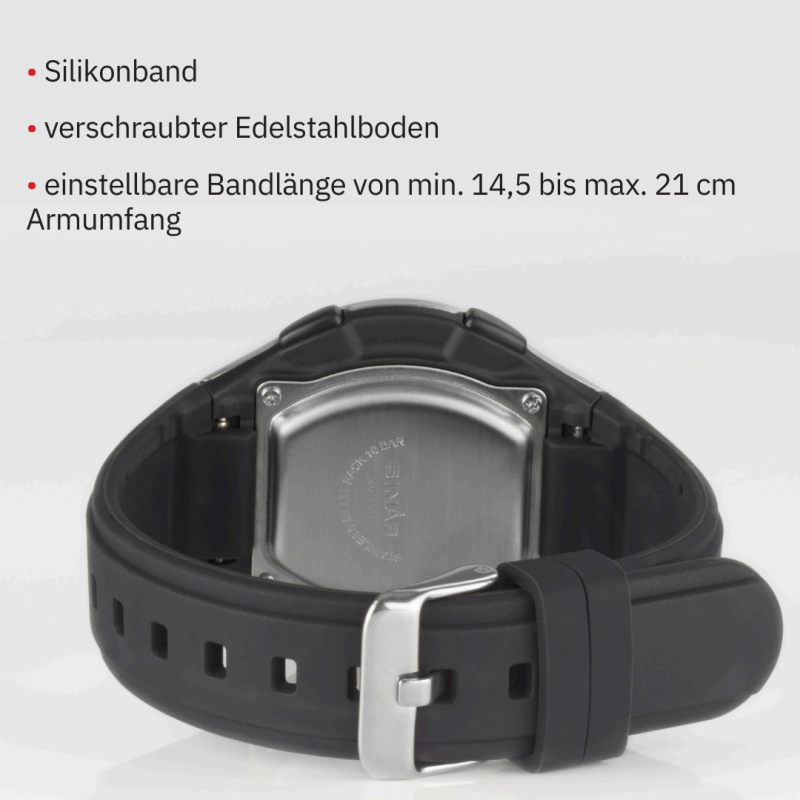 SINAR Digitaal Horloge - Zwart - Verstelbaar Bandje (14,5-21cm) - 10 Bar - 5 Alarmen - Vele Functies - 43 mm