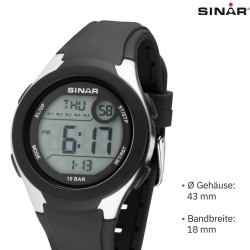 SINAR Digitaal Horloge - Zwart - Verstelbaar Bandje (14,5-21cm) - 10 Bar - 5 Alarmen - Vele Functies - 43 mm