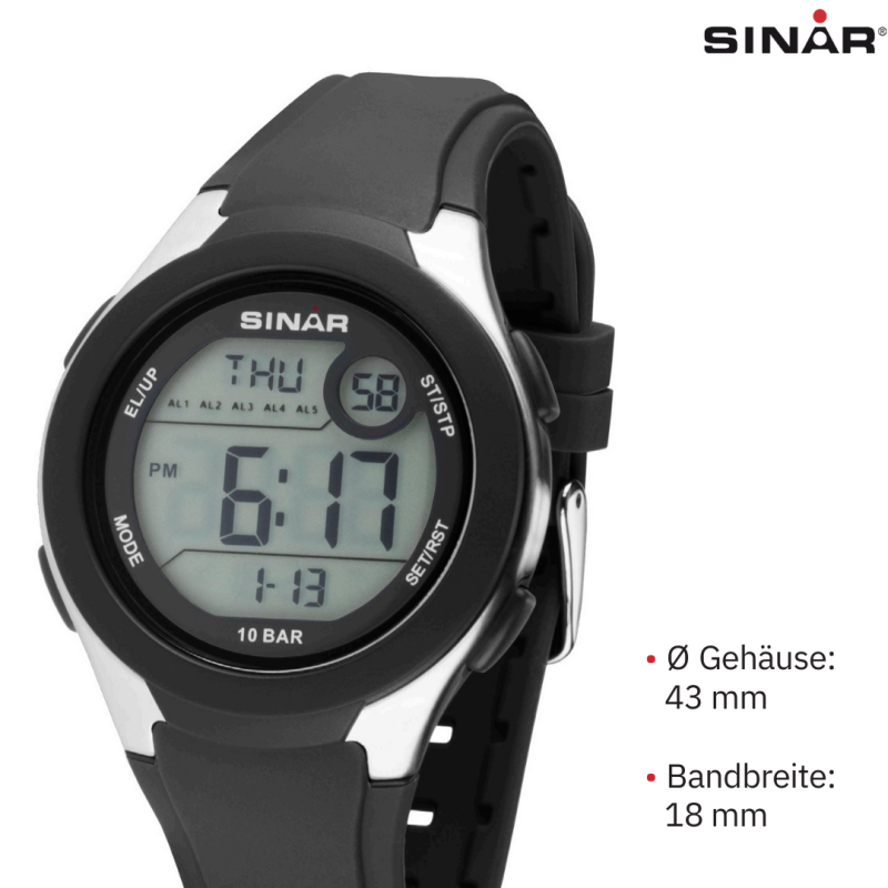 SINAR Digital Watch - Black - Adjustable Strap (14,5-21cm) - 10 Bar - 5 Alarms - Many Functions - 43 mm