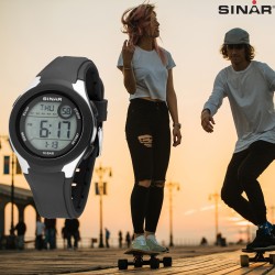 SINAR Digital Watch - Black - Adjustable Strap (14,5-21cm) - 10 Bar - 5 Alarms - Many Functions - 43 mm