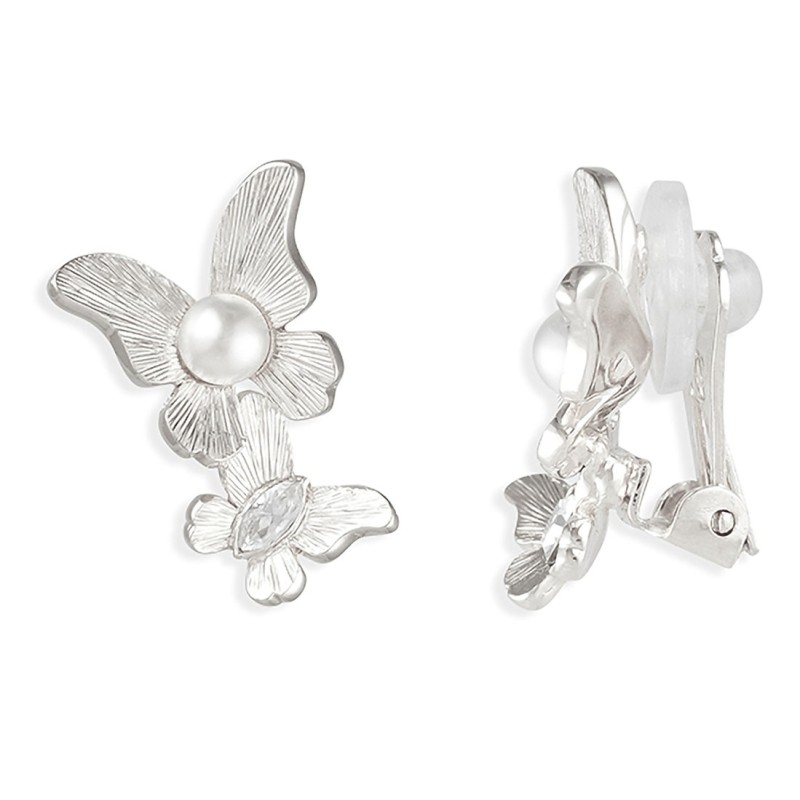 Grossé Ohrclip - Schmetterling - Silberfarbe - Perle - Weiss - Kristall - 18x13 mm - Platiniert - GA61505P