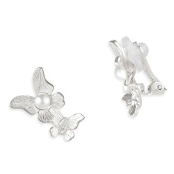 Grossé Clip-on Earrings - Butterfly - Silver Coloured - Pearl - White - Crystals - 18x13mm - Platinum Plated - GA61505P
