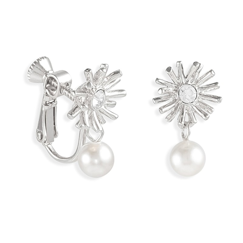 Grossé Ohrclip - Hänger - Silberfarbe -  Perle - Weiss - Kristall - 20x10 mm - Platiniert - GJ64253P
