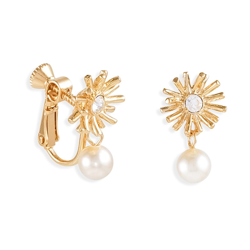 Grossé Clip-on Earrings - Pendants - Gold Coloured - Pearl - White - Crystal - 20x10 mm - Gold Plated - GJ64269