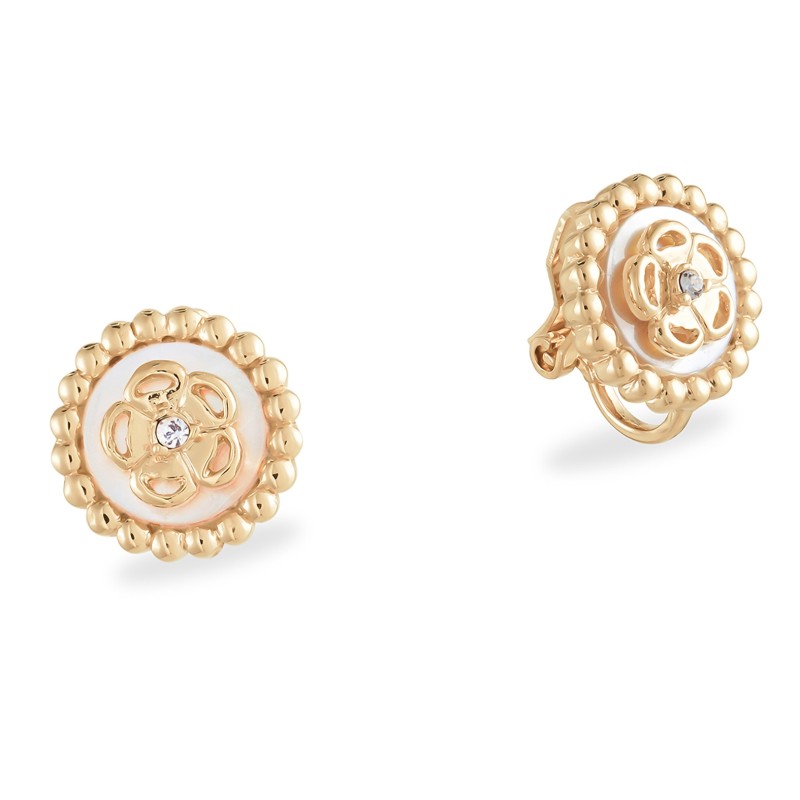 Grossé Clip-on Earrings - Medallion - Gold Coloured - Crystal - Mother of Pearl - 13 mm - Gold Plated