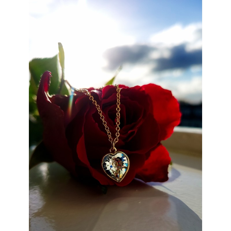 Traveller Dames Ketting met Hanger - 22kt Verguld - Hartje - Swarovski Kristal - 11x10 mm - 38+3+3 cm