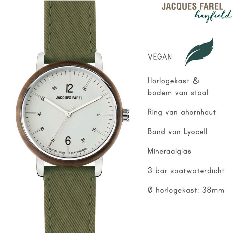 JACQUES FAREL hayfield - Duurzaam dameshorloge - Walnoothout- Vegan - Bosgroen- ORW 1037