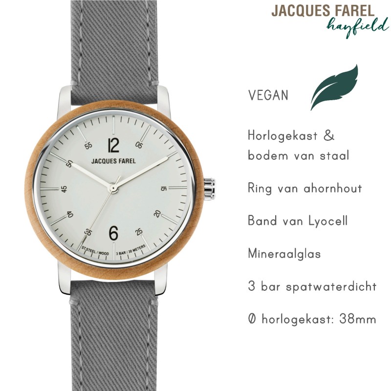 JACQUES FAREL hayfield - Duurzaam horloge - Vegan - Ahornhout- Grijs - ORW 1038