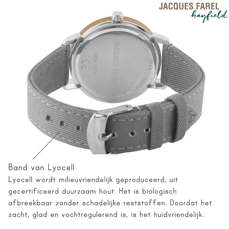 JACQUES FAREL hayfield - Duurzaam horloge - Vegan - Ahornhout- Grijs - ORW 1038
