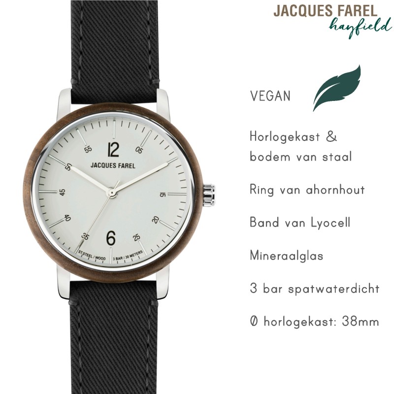 JACQUES FAREL Hayfield - Duurzaam horloge - Vegan - Walnoothout - Zwart - 38mm